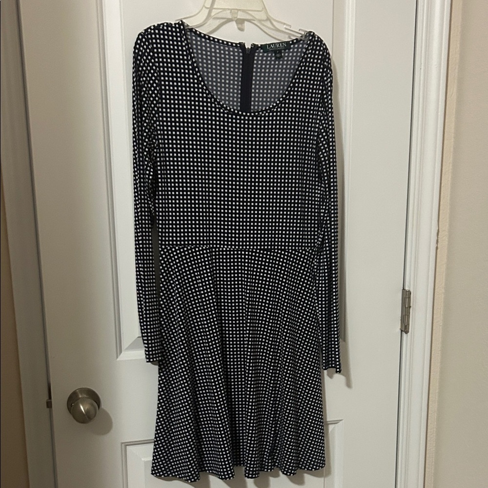 Polo by Ralph Lauren Black and White Long-Sleeve Scoop Neck Fit-and-Flare Dress